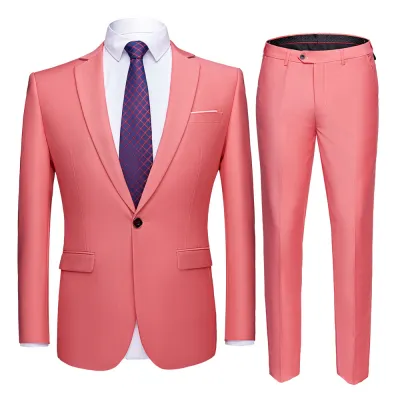 Men Fashion Solid Color One Button Pocket Straight Wedding Suits Two Pieces Set