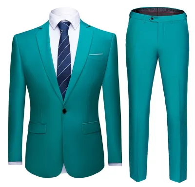 Men Fashion Solid Color One Button Pocket Straight Wedding Suits Two Pieces Set