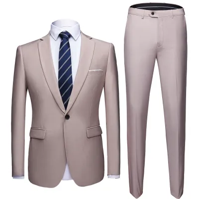 Men Fashion Solid Color One Button Pocket Straight Wedding Suits Two Pieces Set