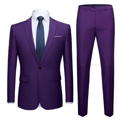 Men Fashion Solid Color One Button Pocket Straight Wedding Suits Two Pieces Set