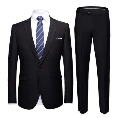 Men Fashion Solid Color One Button Pocket Straight Wedding Suits Two Pieces Set