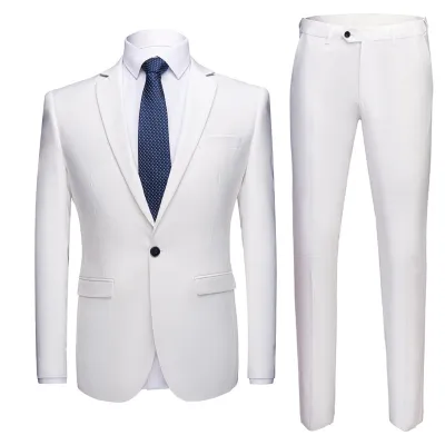 Men Fashion Solid Color One Button Pocket Straight Wedding Suits Two Pieces Set