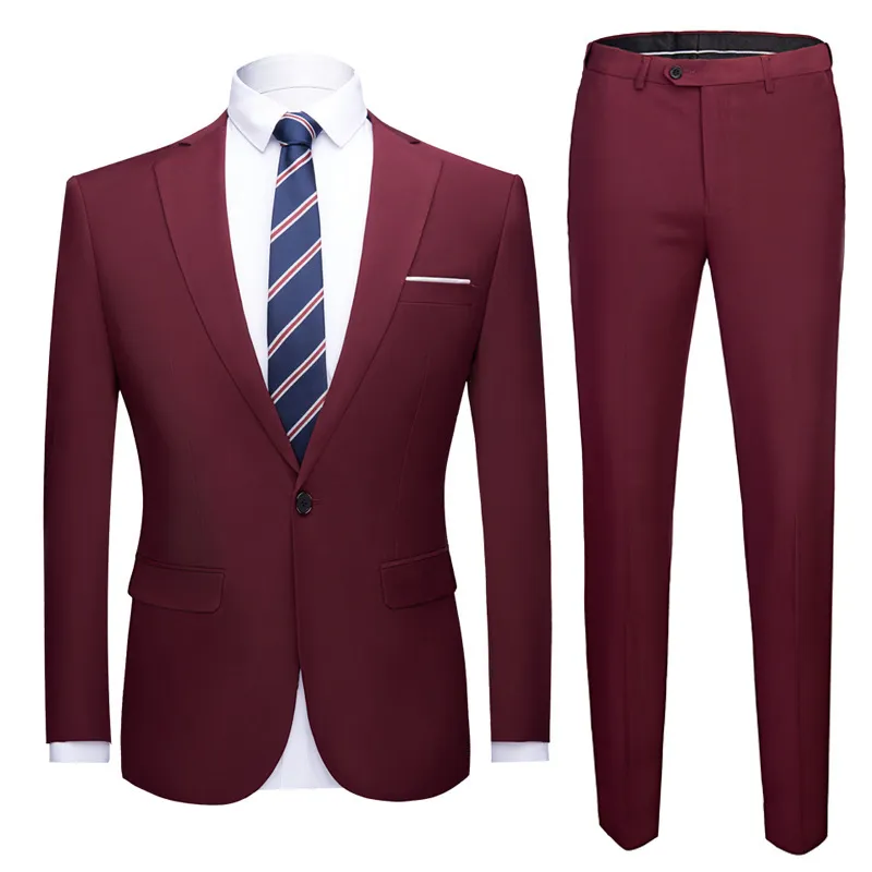 Men Fashion Solid Color One Button Pocket Straight Wedding Suits Two Pieces Set
