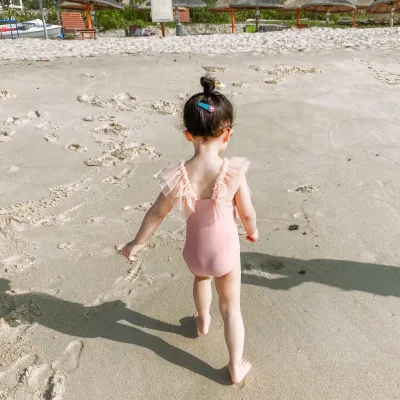 Children Kids Baby Fashion Girls Cute Color Matching Mesh Pearl Swimsuit