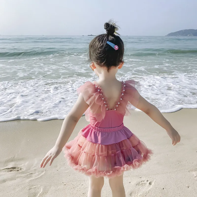 Children Kids Baby Fashion Girls Cute Color Matching Mesh Pearl Swimsuit