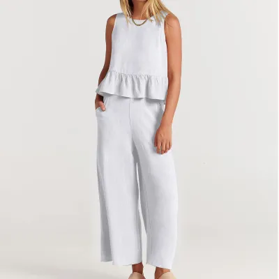 Solid Color Ladies Casual Ruffle Sleeveless Top Loose Pants Set