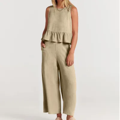 Solid Color Ladies Casual Ruffle Sleeveless Top Loose Pants Set