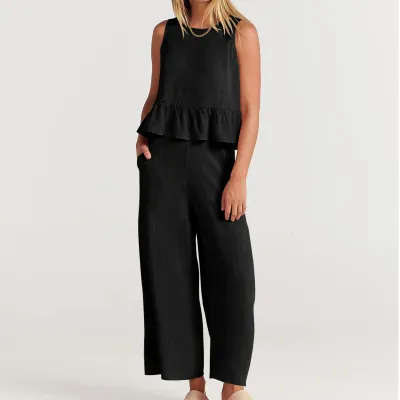 Solid Color Ladies Casual Ruffle Sleeveless Top Loose Pants Set