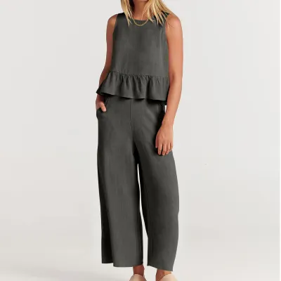 Solid Color Ladies Casual Ruffle Sleeveless Top Loose Pants Set