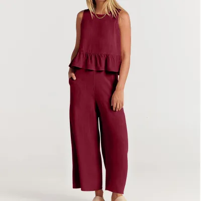 Solid Color Ladies Casual Ruffle Sleeveless Top Loose Pants Set