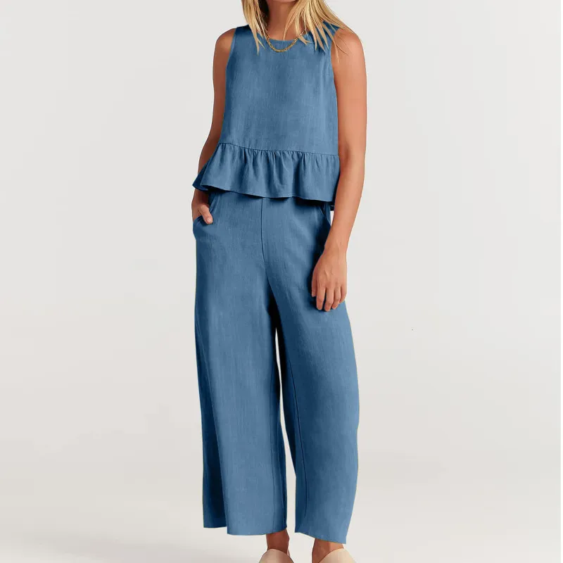 Solid Color Ladies Casual Ruffle Sleeveless Top Loose Pants Set