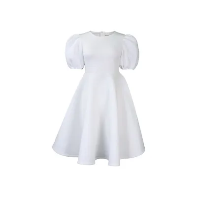 Women Elegant Fashion Solid Color Puff Sleeve High Waist A-Line Dress
