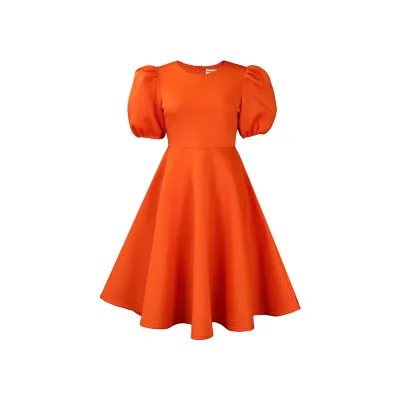 Women Elegant Fashion Solid Color Puff Sleeve High Waist A-Line Dress