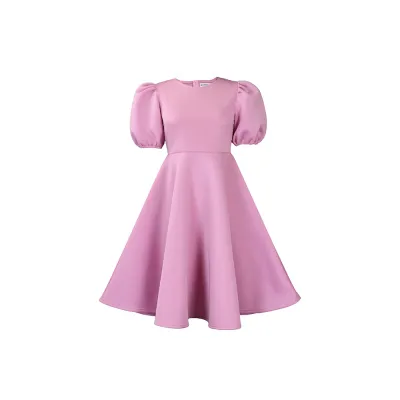 Women Elegant Fashion Solid Color Puff Sleeve High Waist A-Line Dress