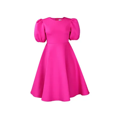 Women Elegant Fashion Solid Color Puff Sleeve High Waist A-Line Dress