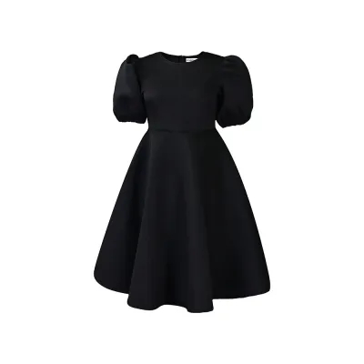 Women Elegant Fashion Solid Color Puff Sleeve High Waist A-Line Dress
