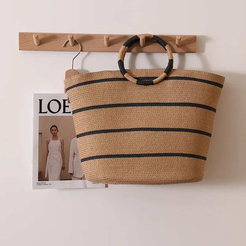 Women Fashion Ring Stripe Large Capacity Straw Handbag