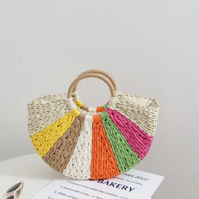 Women Fashion Small Fresh Rainbow Color Straw Half Round Handbag