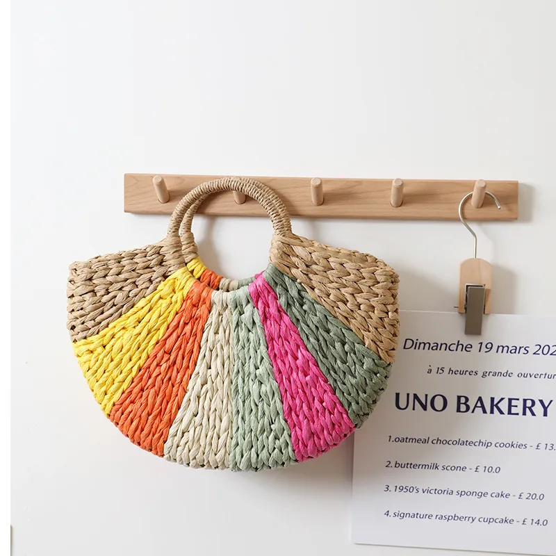 Women Fashion Small Fresh Rainbow Color Straw Half Round Handbag