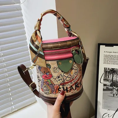 Women Fashion Bear Doodle Cylinder Crossbody Bag