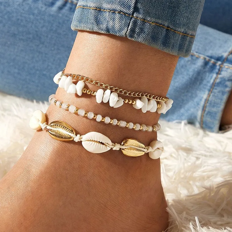 Women Fashion Bohemian Shells Beads Chain Multilayer Anklet Set (4 Pieces)