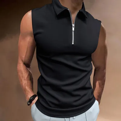 Men's Casual Basic Lapel Zipper Sleeveless Polo Shirt Solid Color