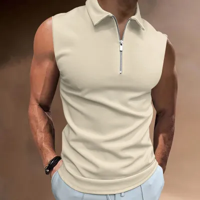 Men's Casual Basic Lapel Zipper Sleeveless Polo Shirt Solid Color