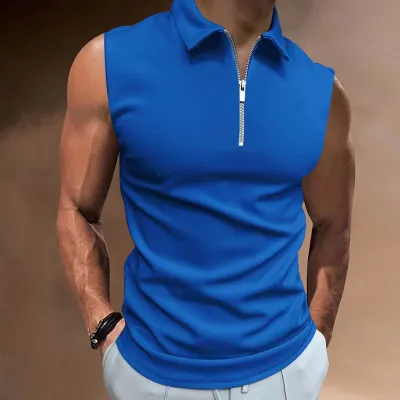 Men's Casual Basic Lapel Zipper Sleeveless Polo Shirt Solid Color