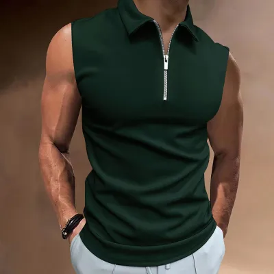Men's Casual Basic Lapel Zipper Sleeveless Polo Shirt Solid Color