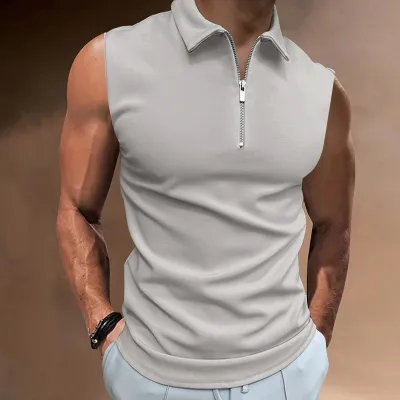 Men's Casual Basic Lapel Zipper Sleeveless Polo Shirt Solid Color