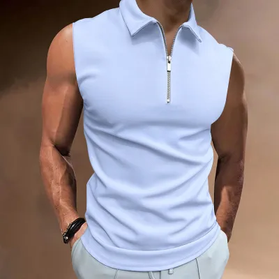 MenS Casual Basic Lapel Zipper Sleeveless Polo Shirt