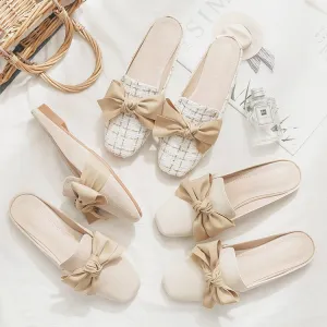 Plus Size Women Fashion Round Toe Bow Mules Slip On Casual Solid Color Shoes