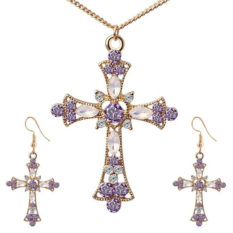 Women Fashion Hollow Heart Cross Rhinestones Earrings Necklace Jewelry Set