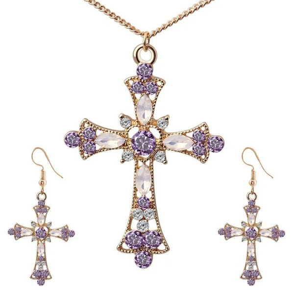 Women Fashion Hollow Heart Cross Shaped Rhinestones Earrings Necklace Jewelry Set
