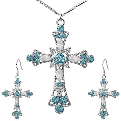 Women Fashion Hollow Heart Cross Rhinestones Earrings Necklace Jewelry Set