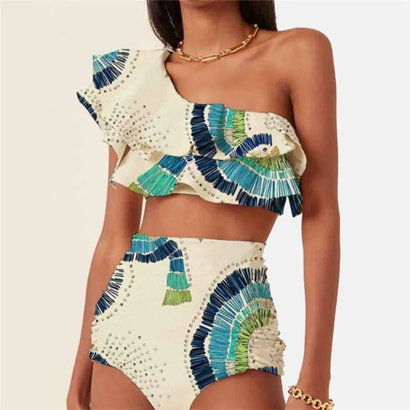 Sexy Women Double Layer Ruffle Graphic Printing One-Shoulder Chiffon Bikini