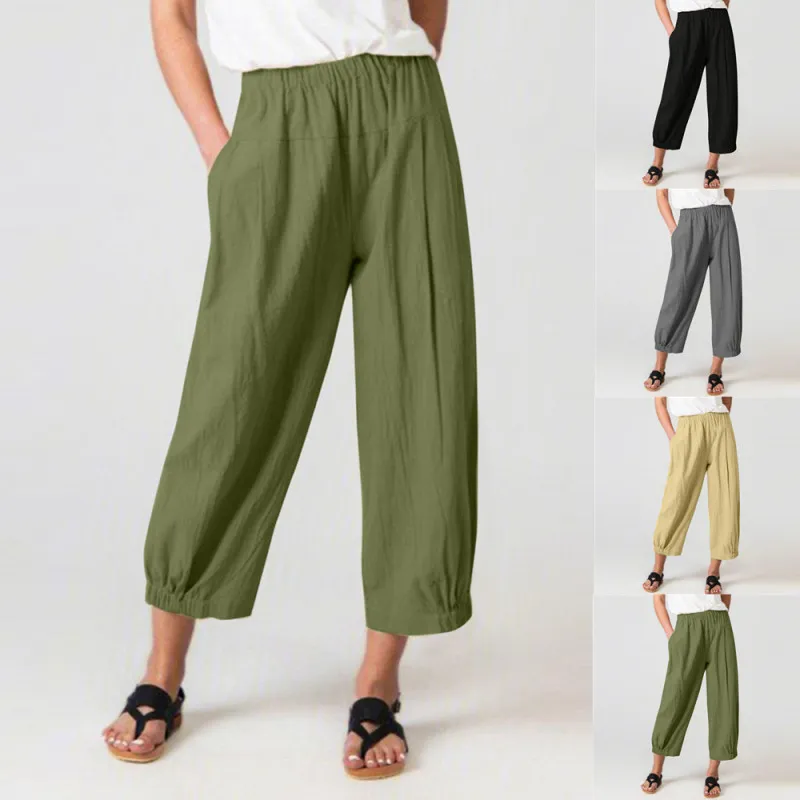Women Casual Loose High Waist Cotton Linen Cropped Pants