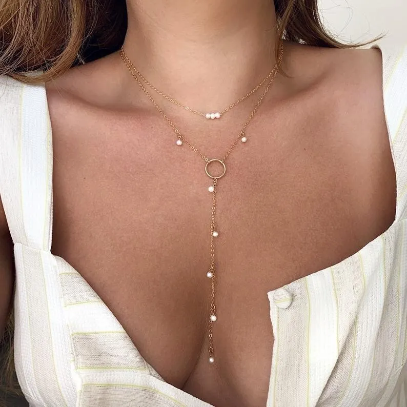 Women Fashion Mini Imitation Pearl Long Double-Layer Tassel Necklace