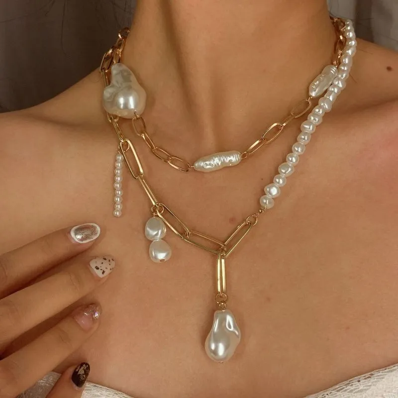Women Fashion Irregular Imitation Pearls Double-Layer Necklace Set Simple Alloy Geometry