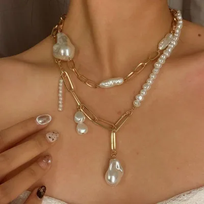 Women Fashion Irregular Imitation Pearls Double-Layer Necklace Set Simple Alloy Geometry