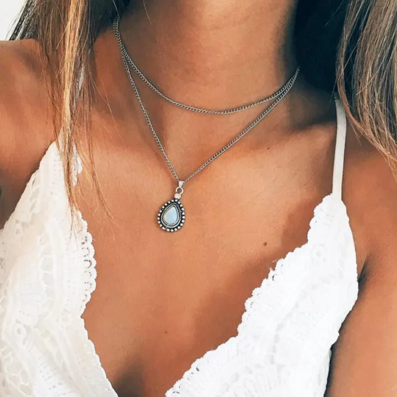 Women Fashion Opal Drop Shaped Pendant Double-Layer Necklace