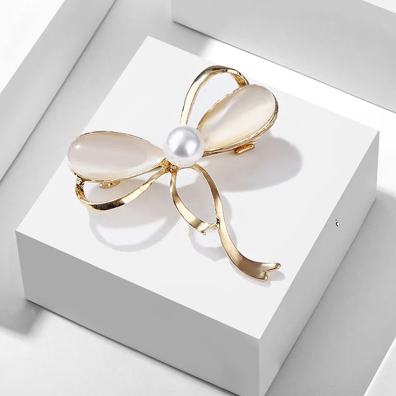 Women Fashion Imitation Pearl Opal Bow Tie Brooch