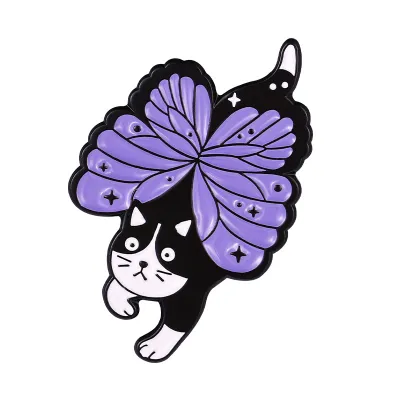 Hallowmas Cute Cartoon Purple Hexenbiest Butterfly Bat Black Cat Design Metal Brooch Pin