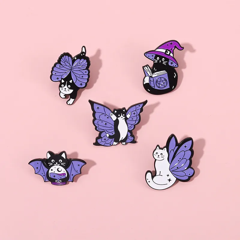 Hallowmas Cute Cartoon Purple Hexenbiest Butterfly Bat Black Cat Design Metal Brooch Pin