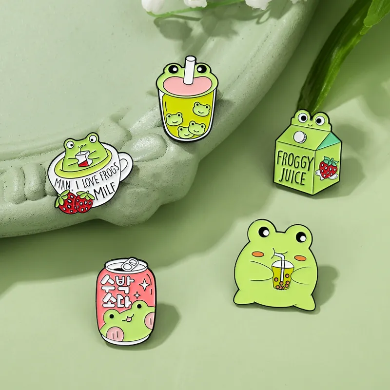 Women Cute Cartoon Frog Milk Tea Shape Metal Brooch