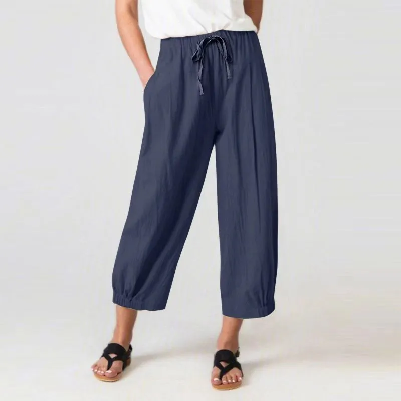 Women'S Fashion Casual Cotton Linen Loose Drawstring Cropped Pants