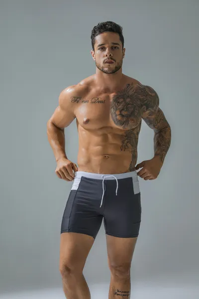 Men's Casual Elastic Side Pocket Drawstring Swim Shorts Solid Color Cotton Blend