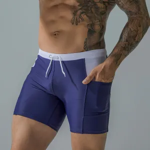Men's Casual Elastic Side Pocket Drawstring Swim Shorts Solid Color Cotton Blend