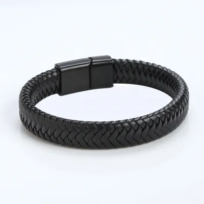 Men's Vintage Leather Braided Rope Bracelet with Stainless Steel Buckle