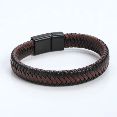Men's Vintage Leather Braided Rope Bracelet with Stainless Steel Buckle